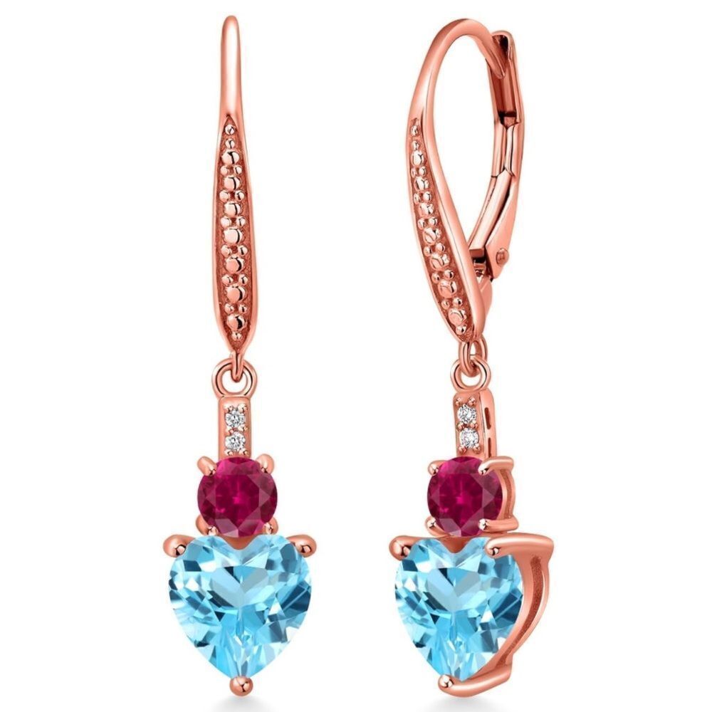 18K Rose Gold with 3.53 Cttw Swiss Blue Topaz and Ruby Heart Drop Earrings